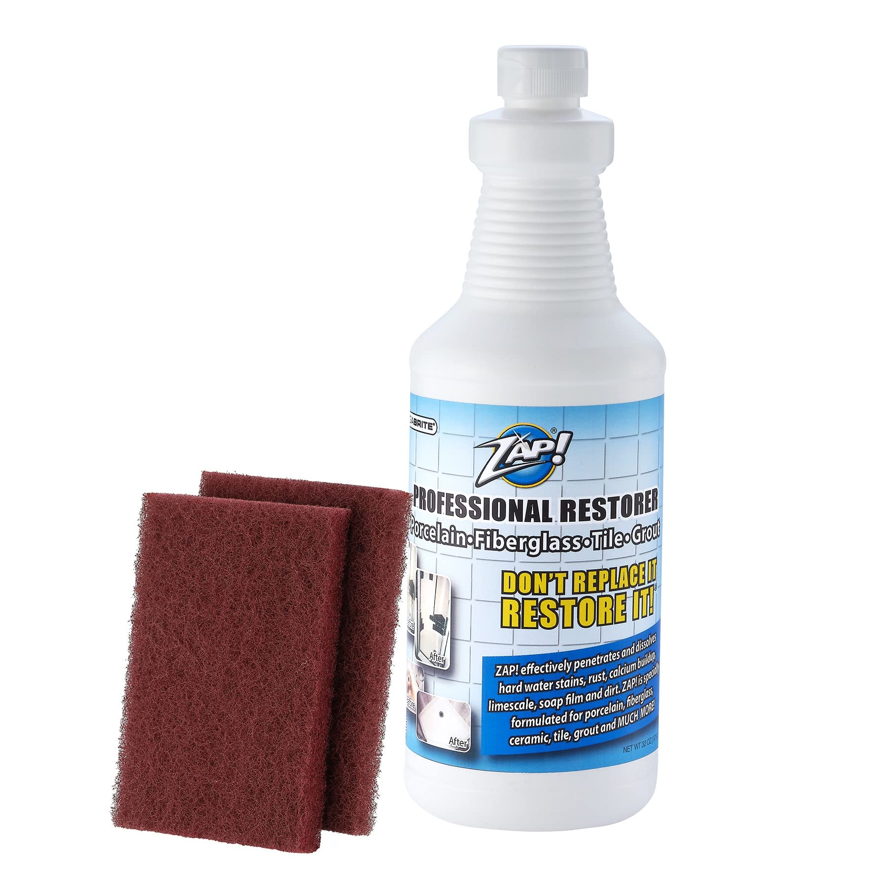Megabrite ZAP! professional tile restorer bottle demonstrating deep cleaning power