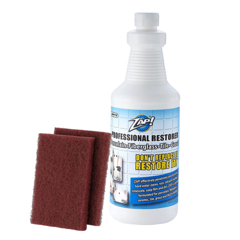 Megabrite ZAP! professional tile restorer bottle demonstrating deep cleaning power