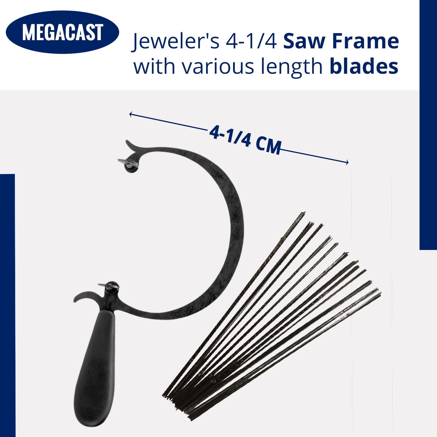 MegaCast jeweler's saw with ergonomic rubber handle for comfortable use.