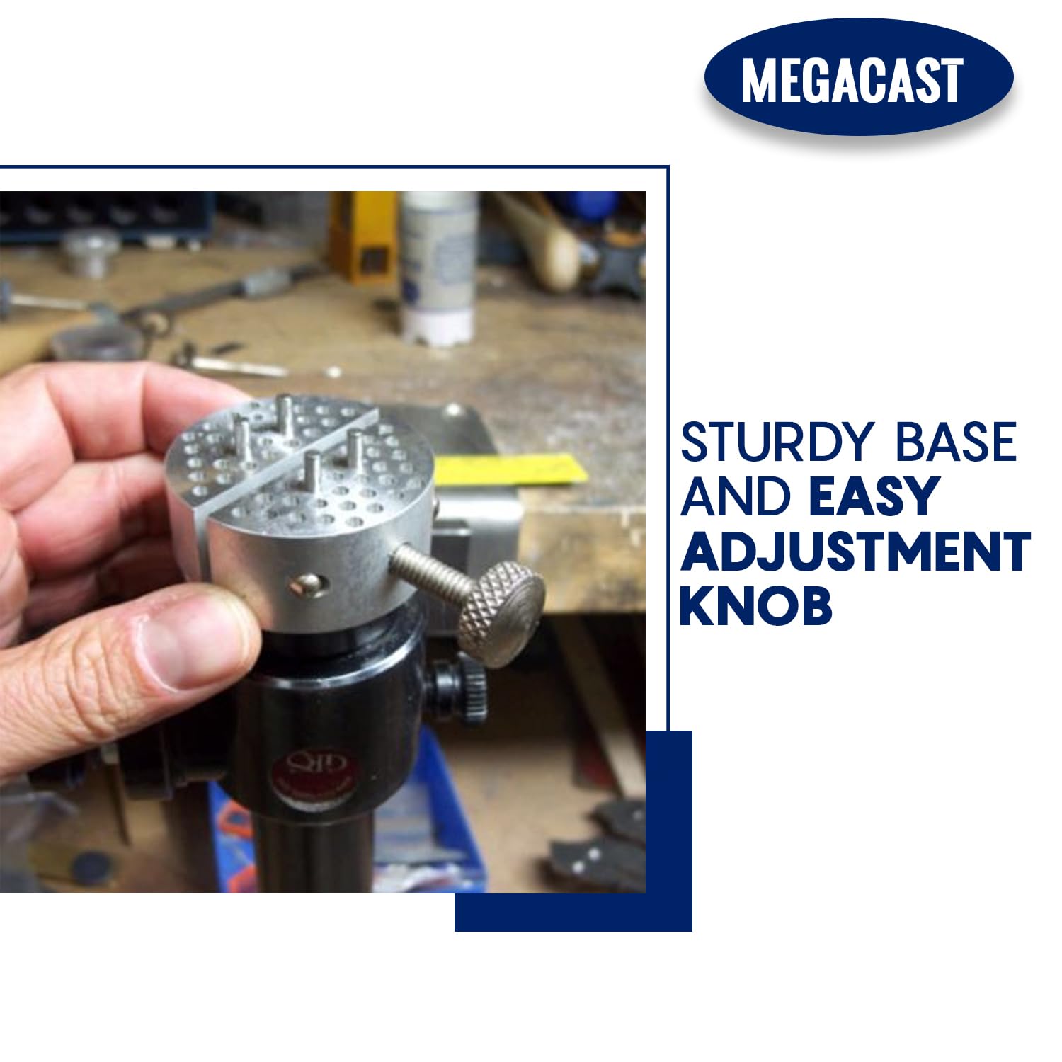 Megacast peg clamp base with 8 pins securing multi-size components.