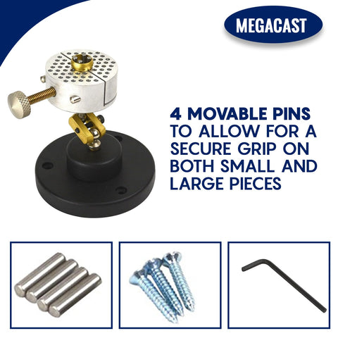 Megacast rotating vise head allows angled access for engraving and settings.