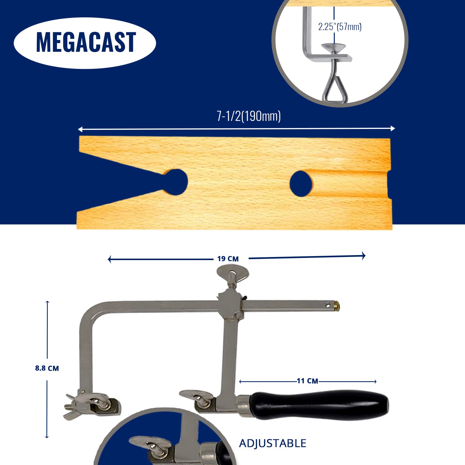 MegaCast wooden pin clamp securely holds blades during delicate sawing.
