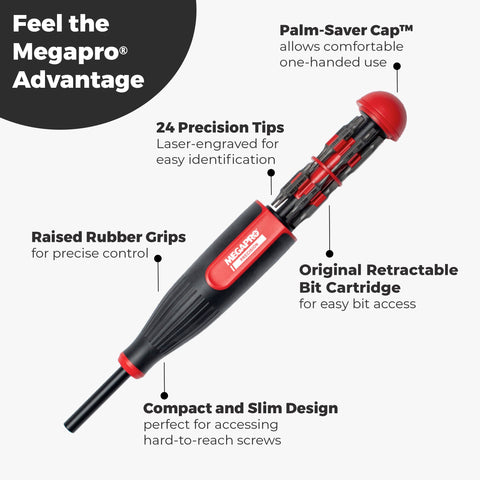 Megapro screwdriver with raised rubber grip shows comfortable handling.