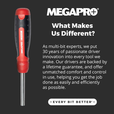 Lifetime warranty badge on MEGAPRO Original screwdriver for lasting reliability.