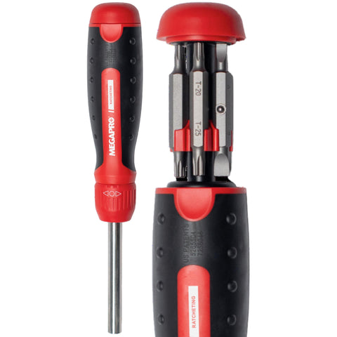 Megapro ratcheting screwdriver with 13-in-1 retractable cartridge for quick bit changes.