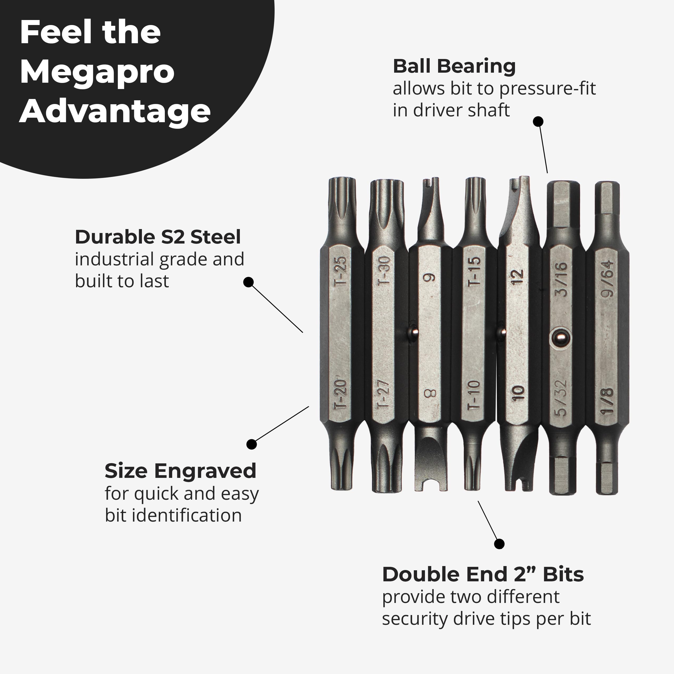 Megapro Replacement Bit Pack durable S2 steel construction ensures lasting performance.