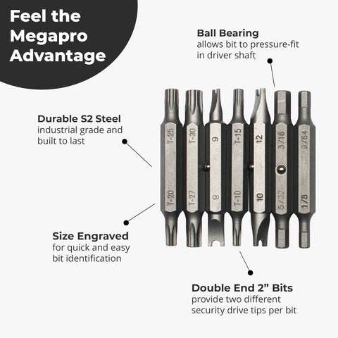 Megapro Replacement Bit Pack durable S2 steel construction ensures lasting performance.