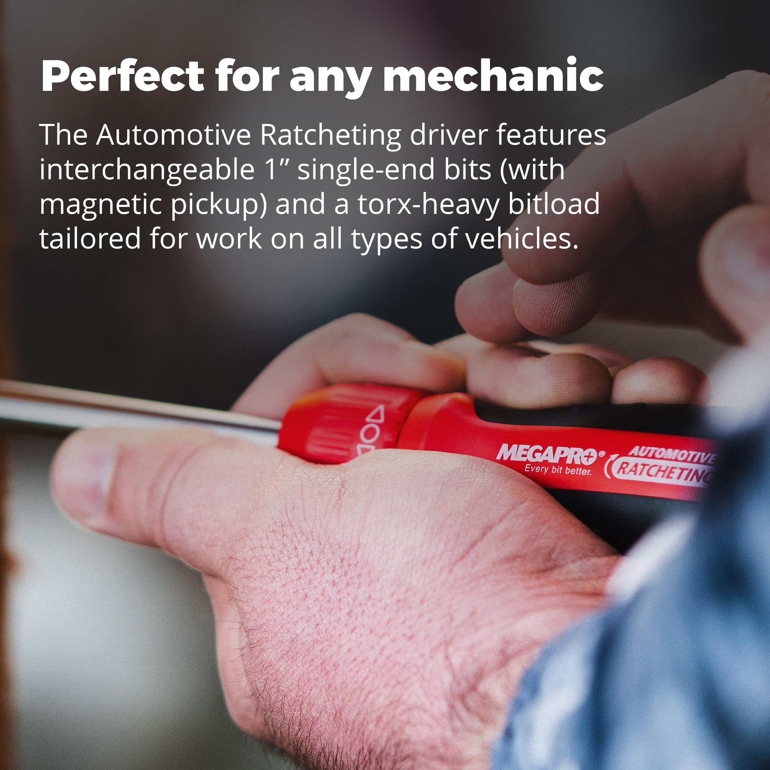 Megapro retractable bit cartridge in-use view with quick-access automotive tips.