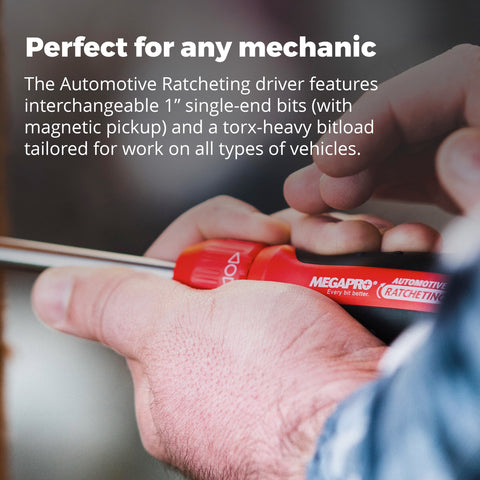Megapro retractable bit cartridge in-use view with quick-access automotive tips.