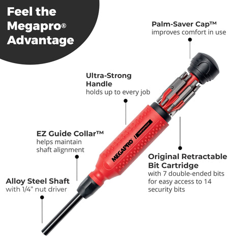 Megapro Tamperproof Security Screwdriver Set with EZ Guide Collar keeps shafts aligned.