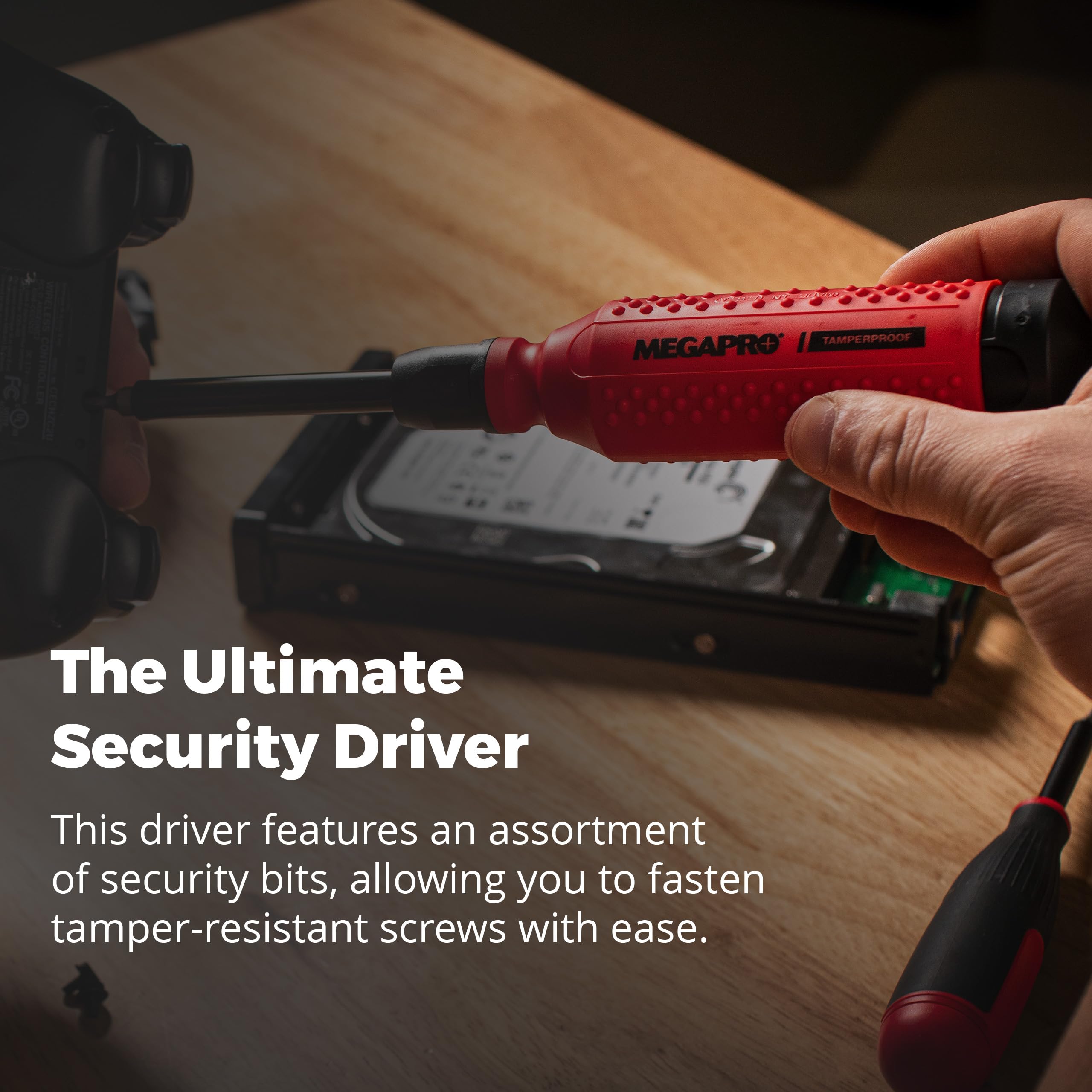 Megapro Tamperproof Security Screwdriver Set quarter-inch hex shaft supports versatile bit compatibility.