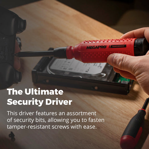Megapro Tamperproof Security Screwdriver Set quarter-inch hex shaft supports versatile bit compatibility.