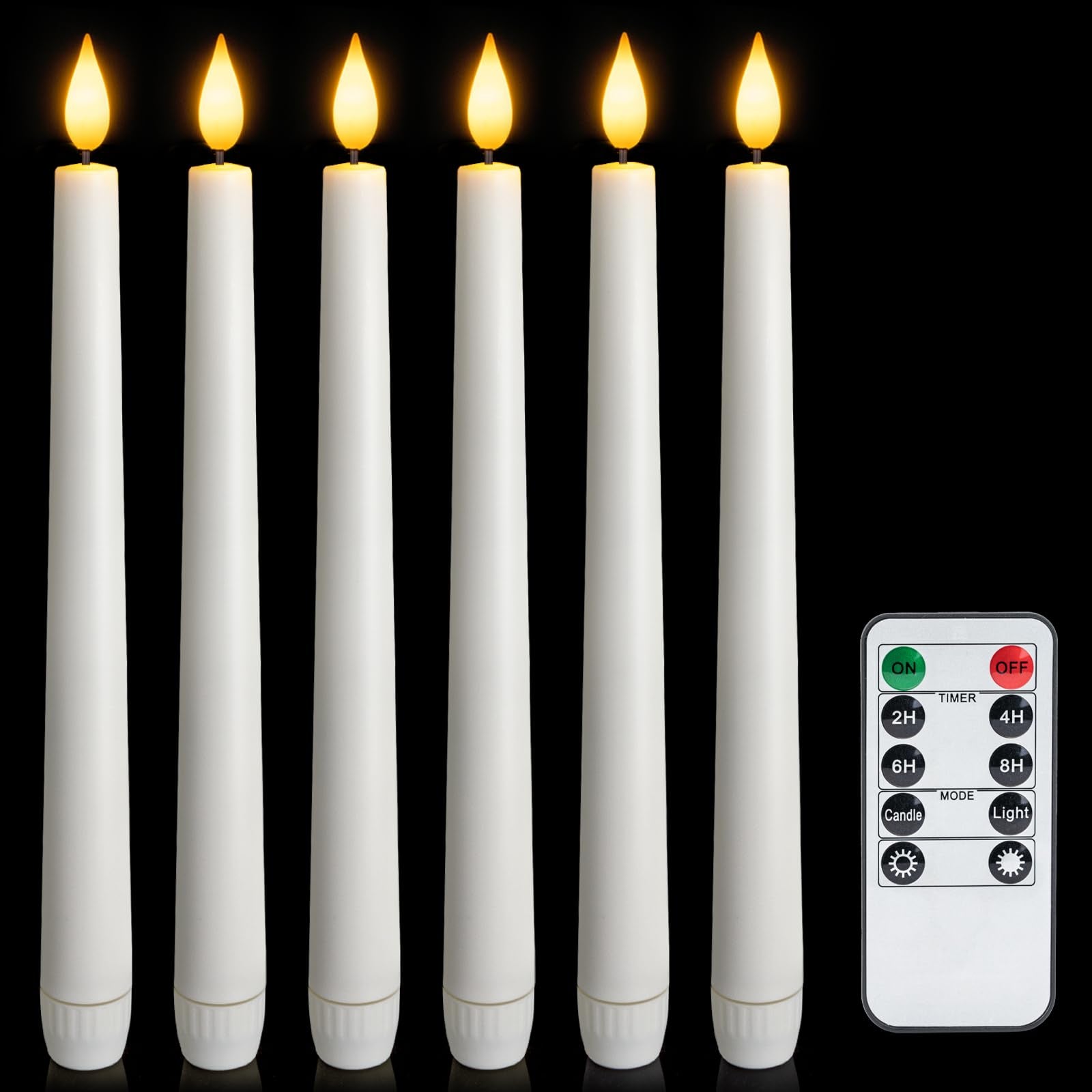 Meigic flameless taper candles with remote timer glow softly on a dining table.