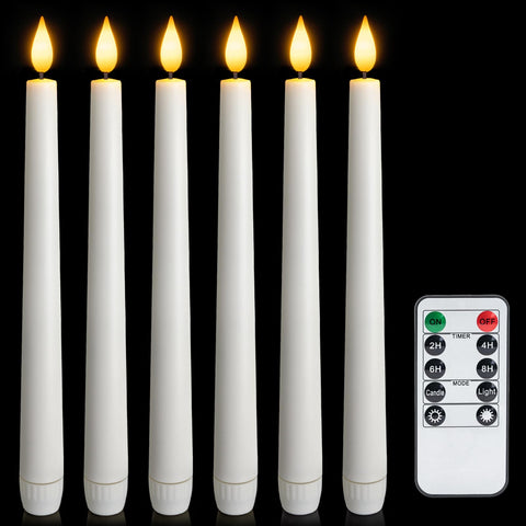 Meigic flameless taper candles with remote timer glow softly on a dining table.