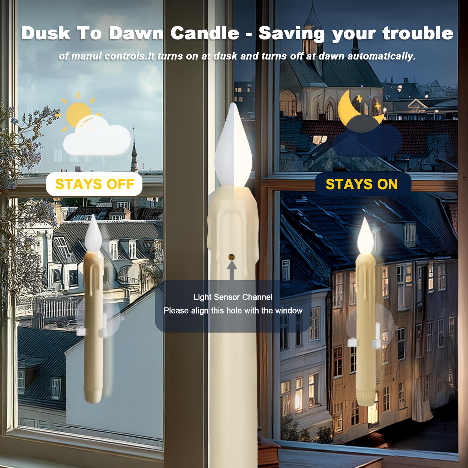Meigic 8-inch candle with wax drip design and flickering flame