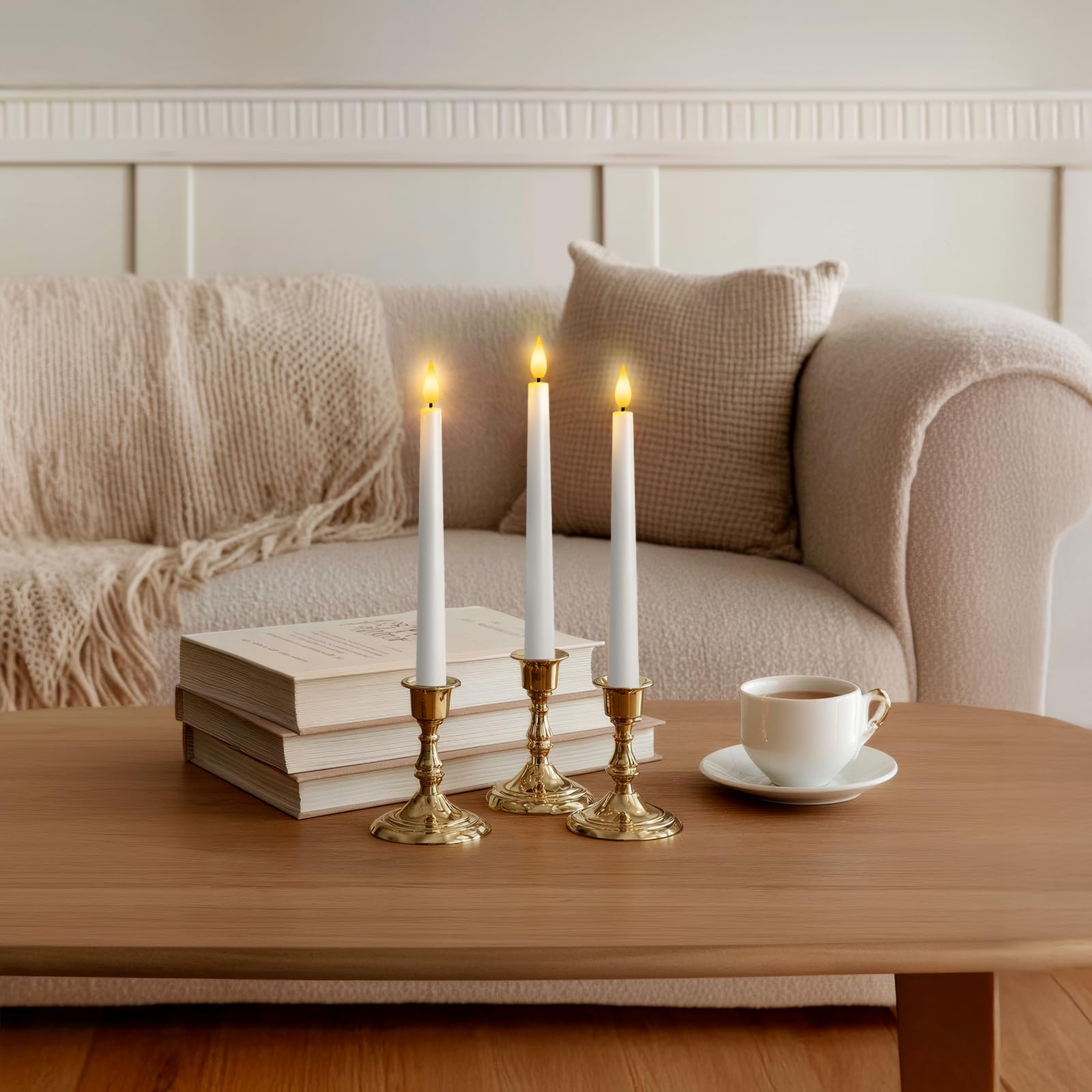 Meigic battery-powered candles offer safe, smoke-free ambiance in a bedroom.