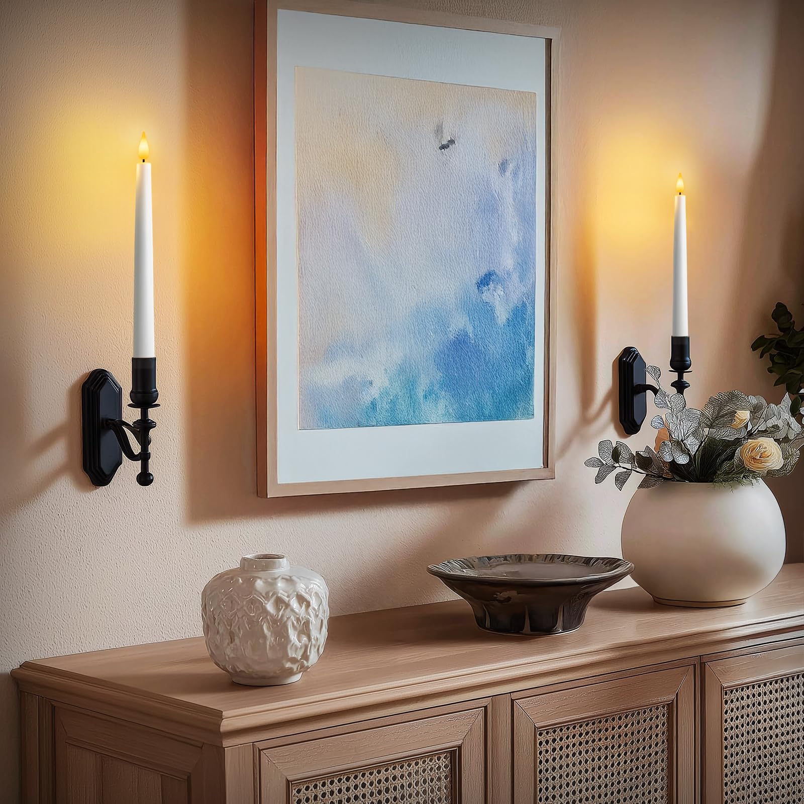 Meigic 9.6-inch taper candle beside a vase for elegance.