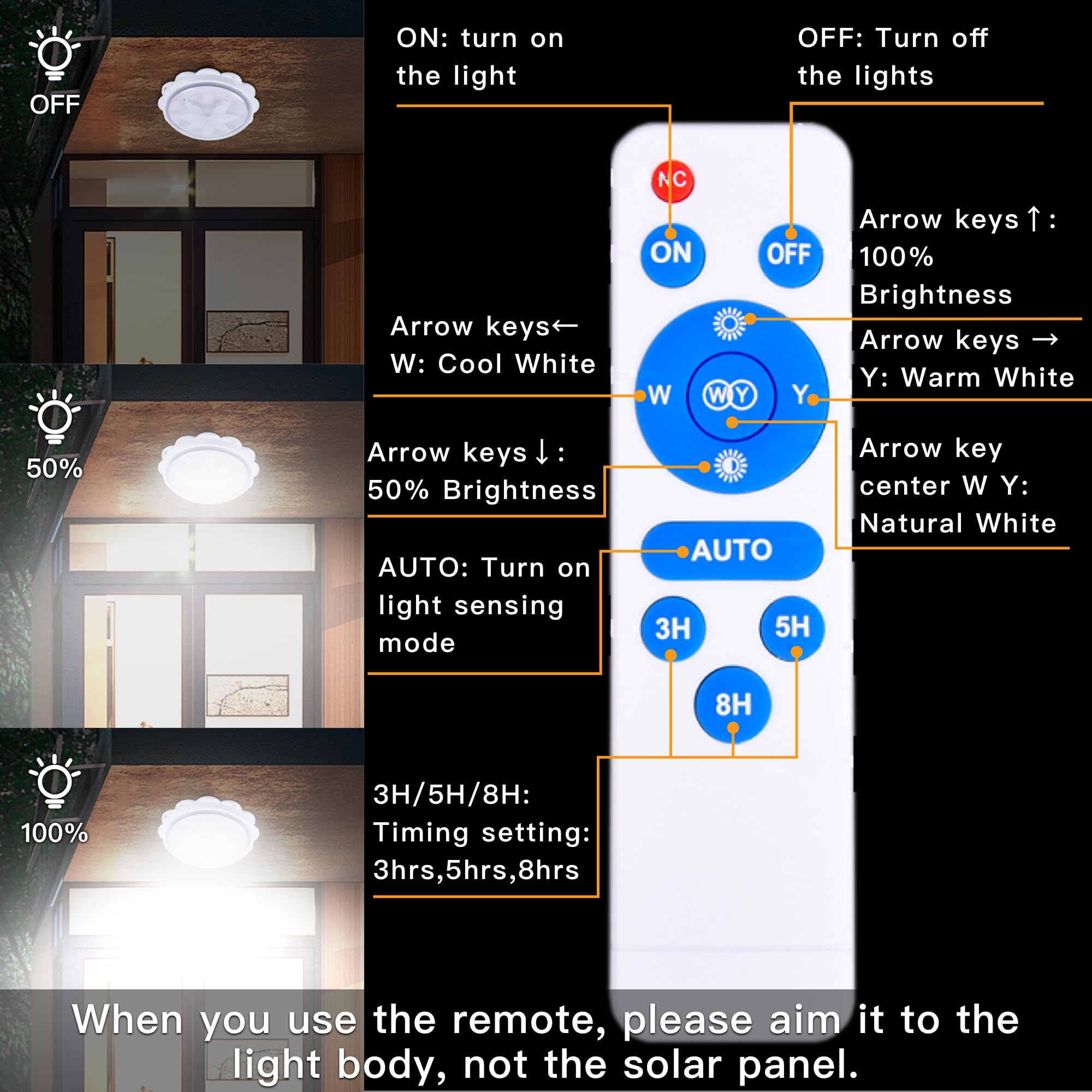 MEIHONG solar ceiling light with 3-color dimmable option for ambiance and visibility