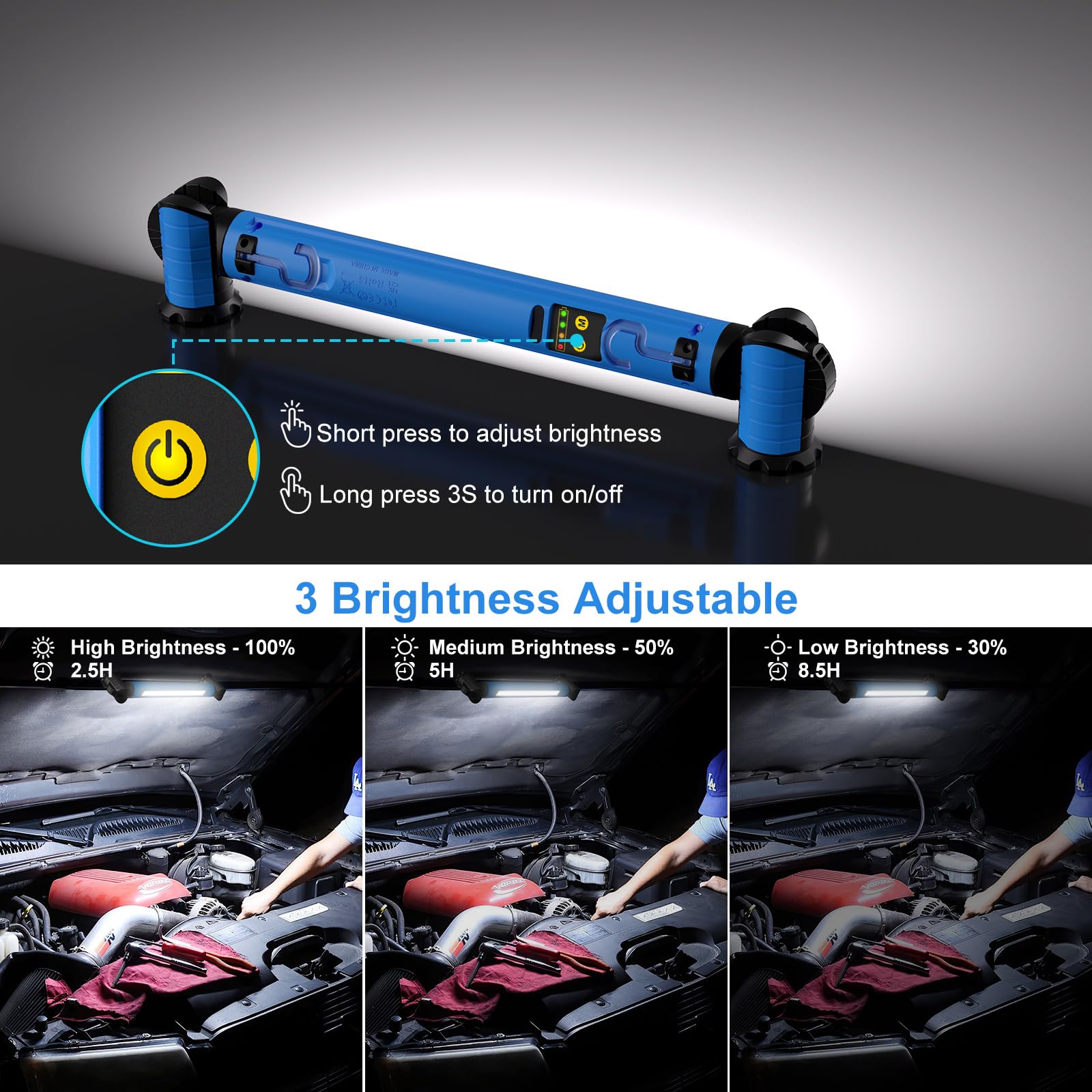 MEIHUA work light features hidden swivel hook for overhead hanging.