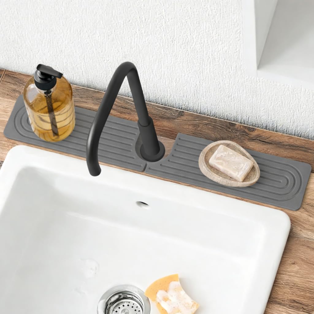 Meiliweser stone faucet mat around the counter offers quick-dry protection around the faucet.