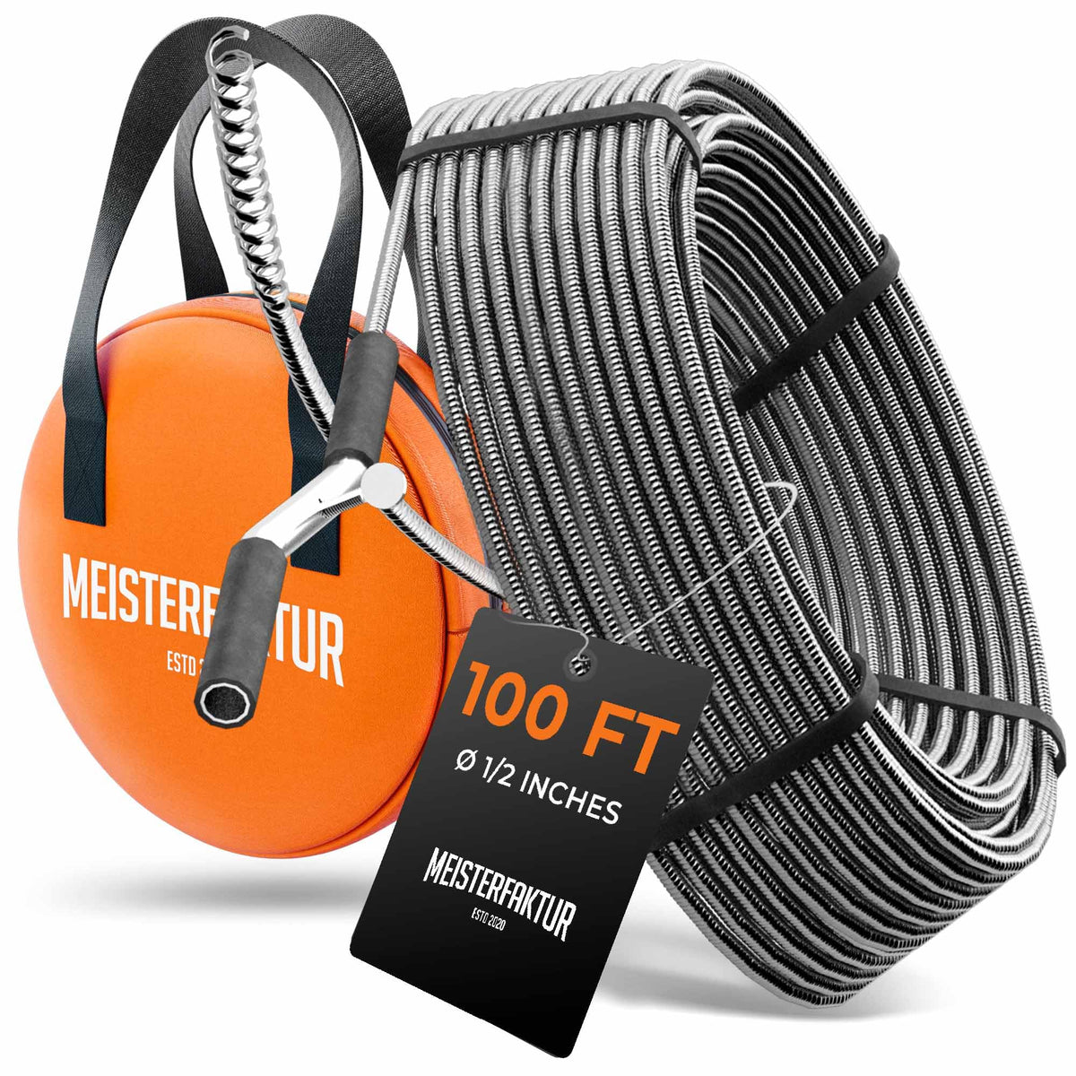 Meisterfaktur Drain Snake 100ft coil demonstrates long reach for deep blockages.