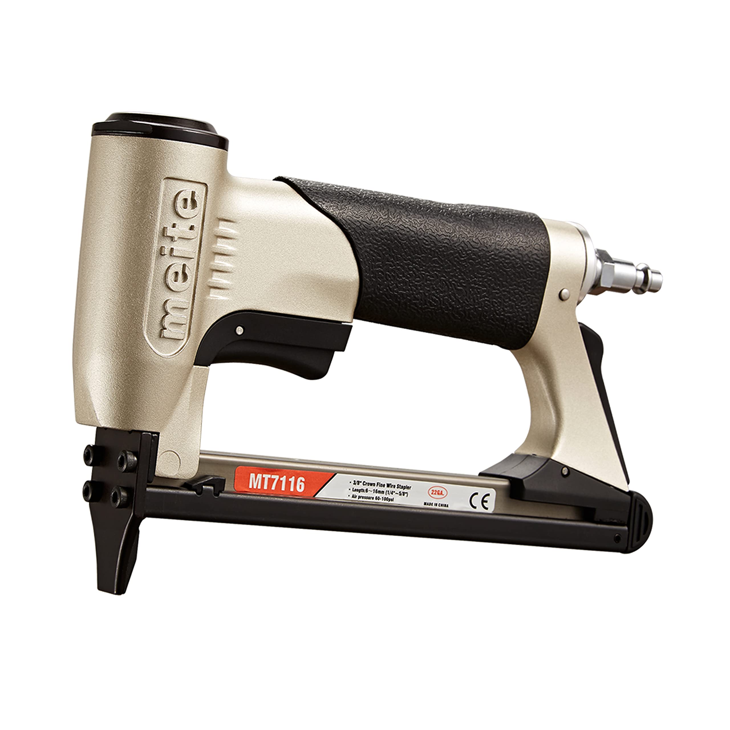 Meite MT7116 pneumatic stapler side view highlighting compact design for upholstery work