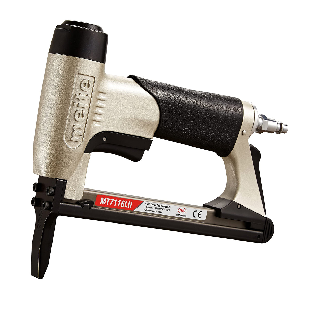 Meite MT7116LN pneumatic upholstery stapler viewed from top for precise fabric tacking.
