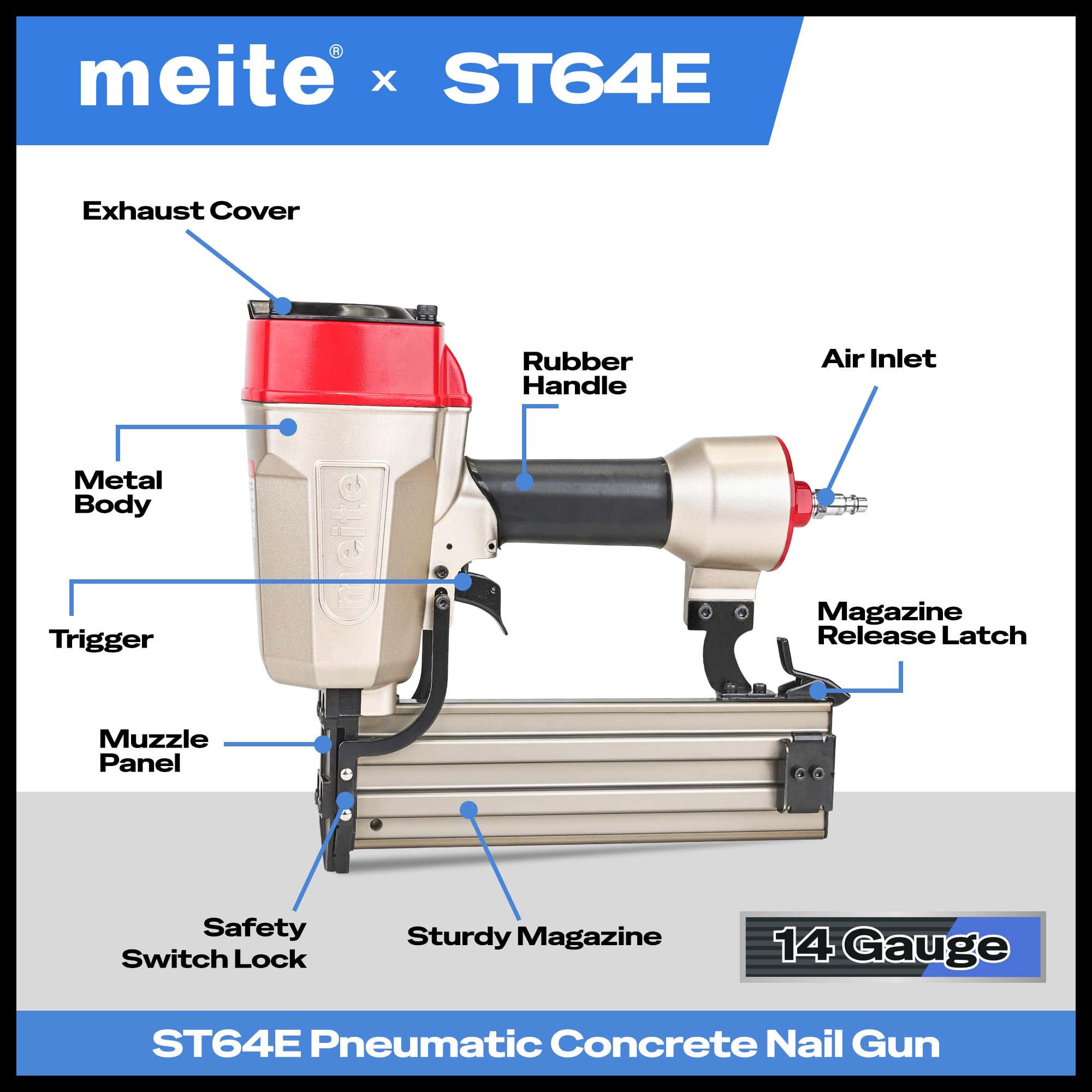 Meite ST64E supports 3/4 in to 2-1/2 in nails for versatility