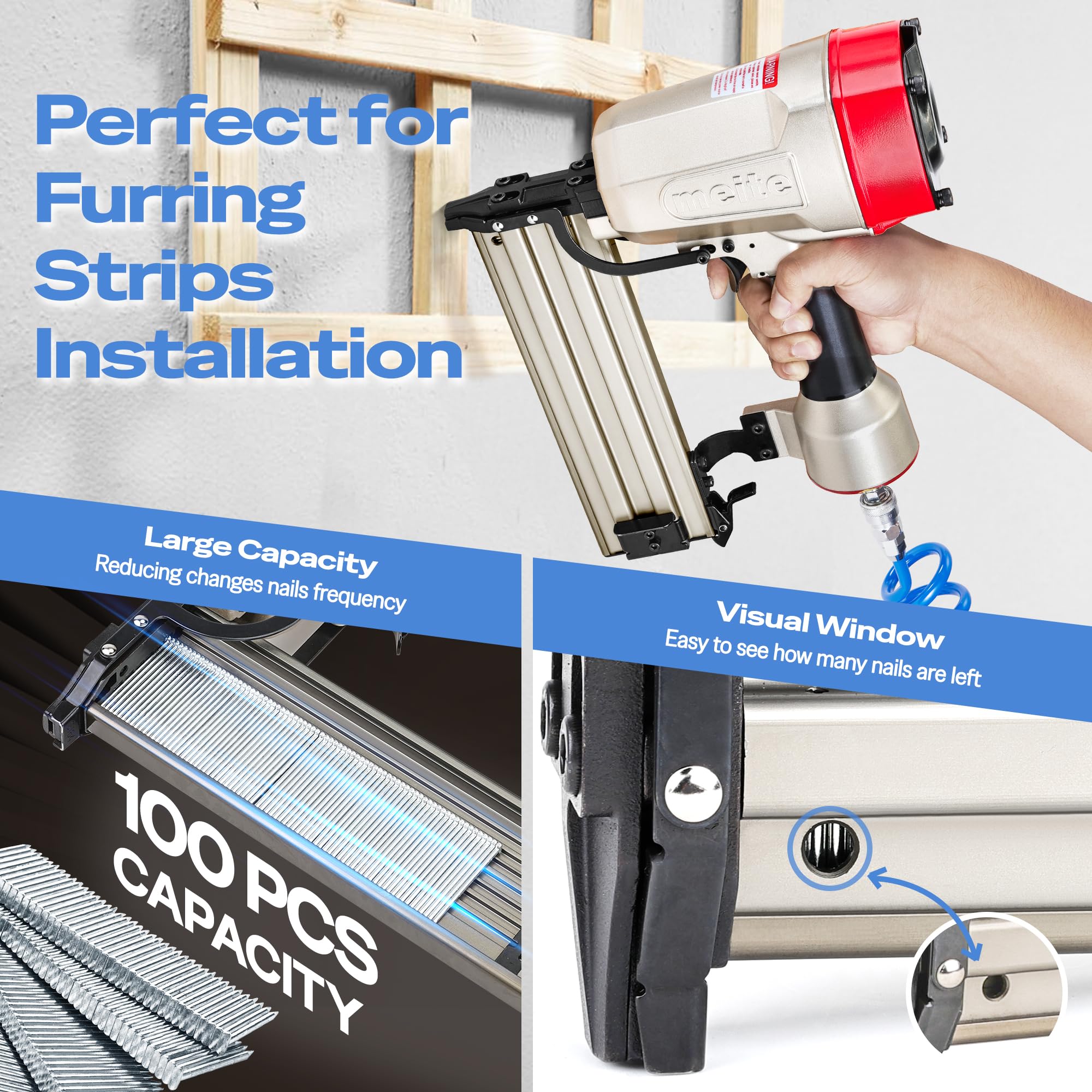 Meite ST64E safety lock prevents accidental ignition during framing