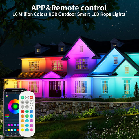 Meiying RGB rope lights with app control and remote for color scenes.