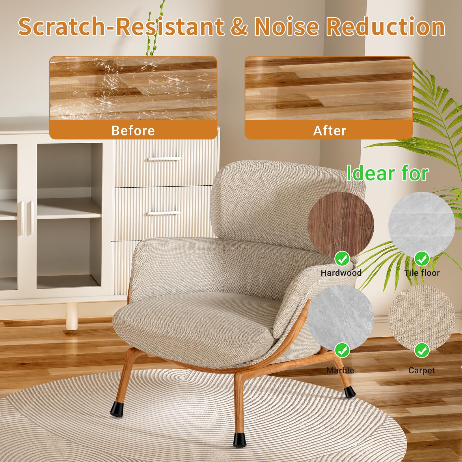 Meldel chair leg protectors feature 360° felt bottom to glide smoothly.