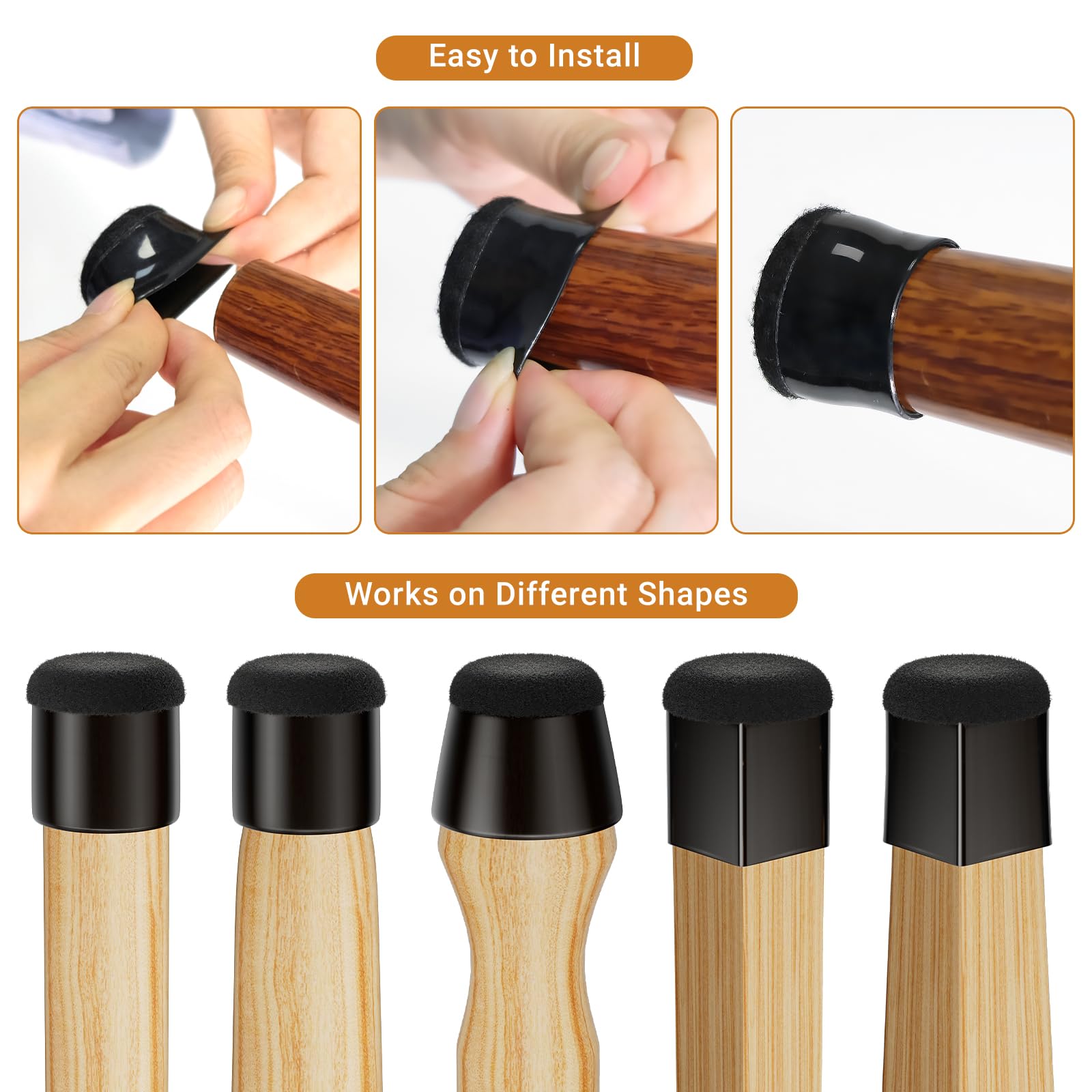 Meldel chair leg caps are easy to install and remove without damage.