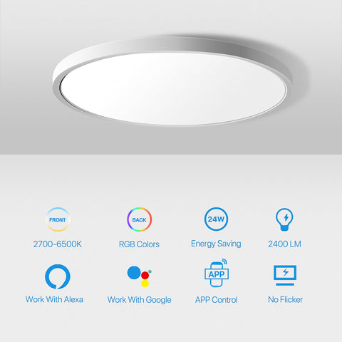 Melegen RGB ceiling light back light scene with 16 million colors for mood lighting.