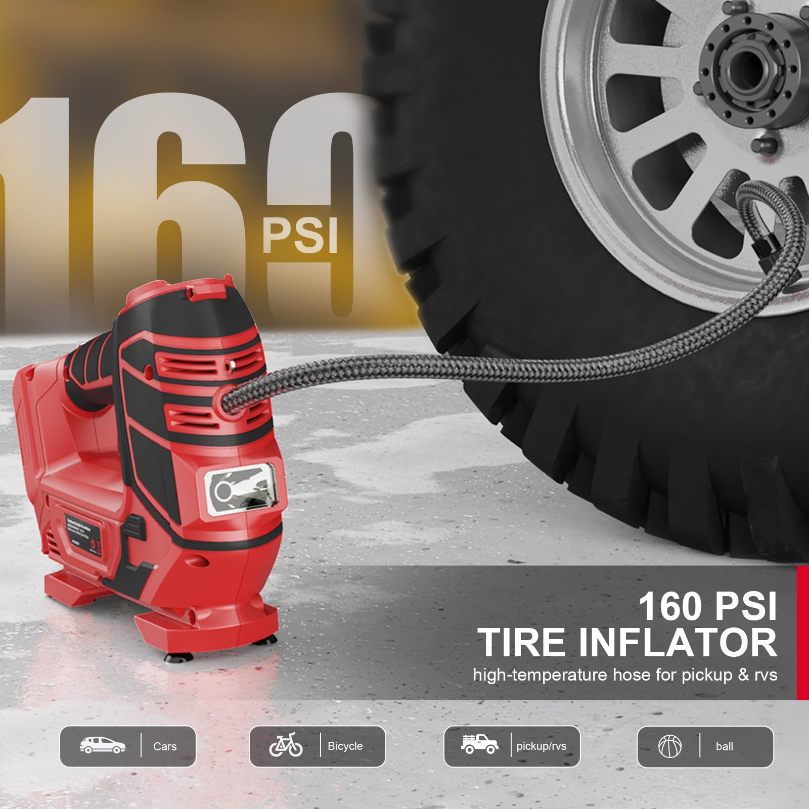 Mellif attachments include ball needle, tire valve, air bed adapters, and hose.