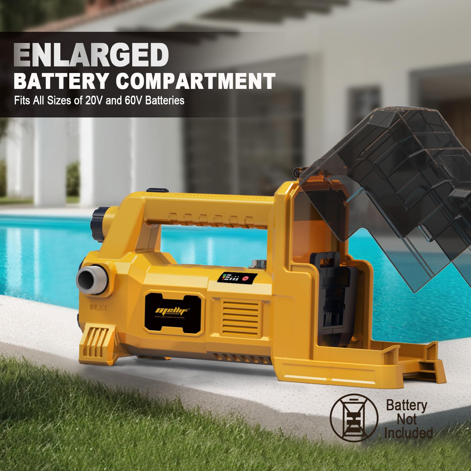 Mellif pump showing enlarged battery compartment enabling versatile battery size use