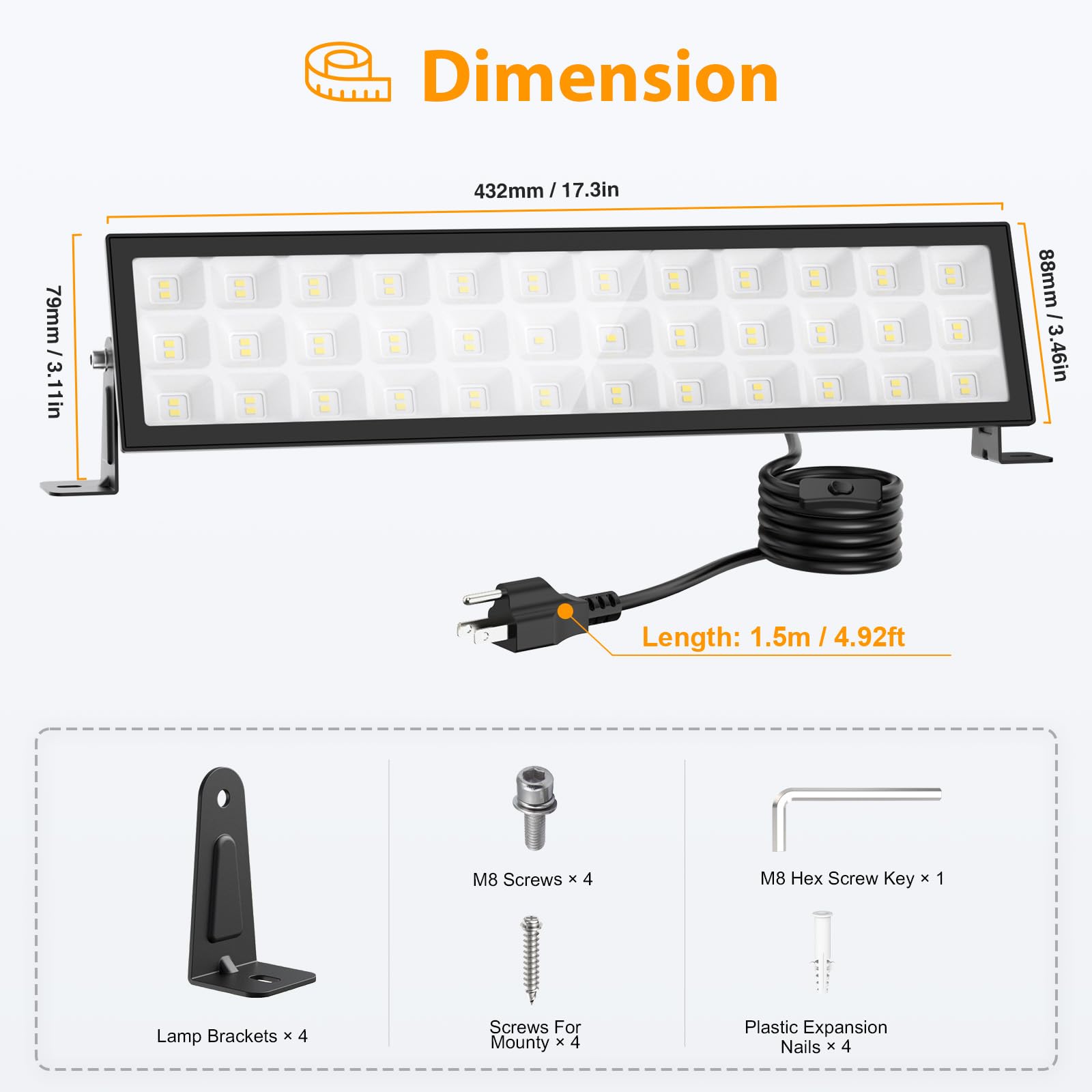 Meloght 4.92ft cord enables simple plug-in installation in garages and workshops.