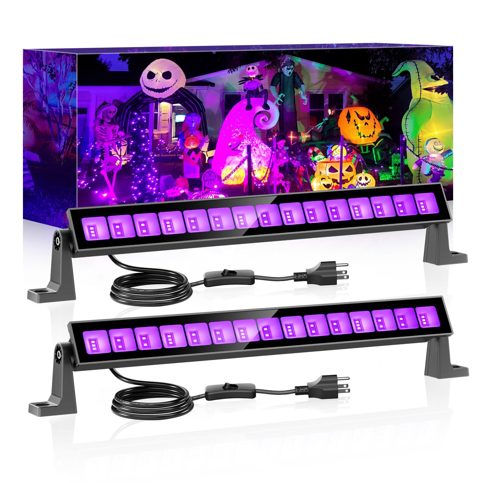 Meloght 45W LED black light bar in use for a glowing party ambiance