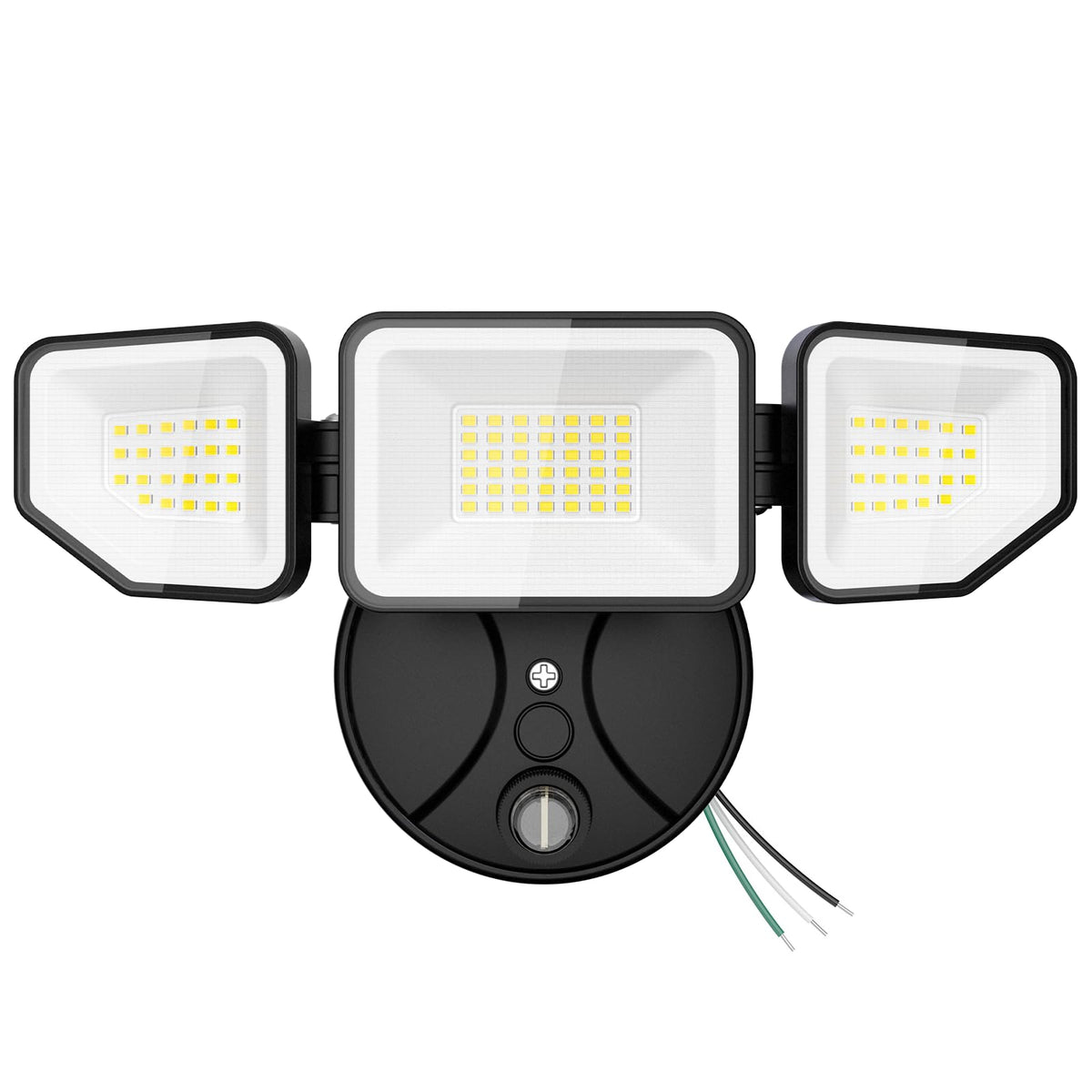Meloght 65W dusk-to-dawn flood light with three heads for wide yard illumination.