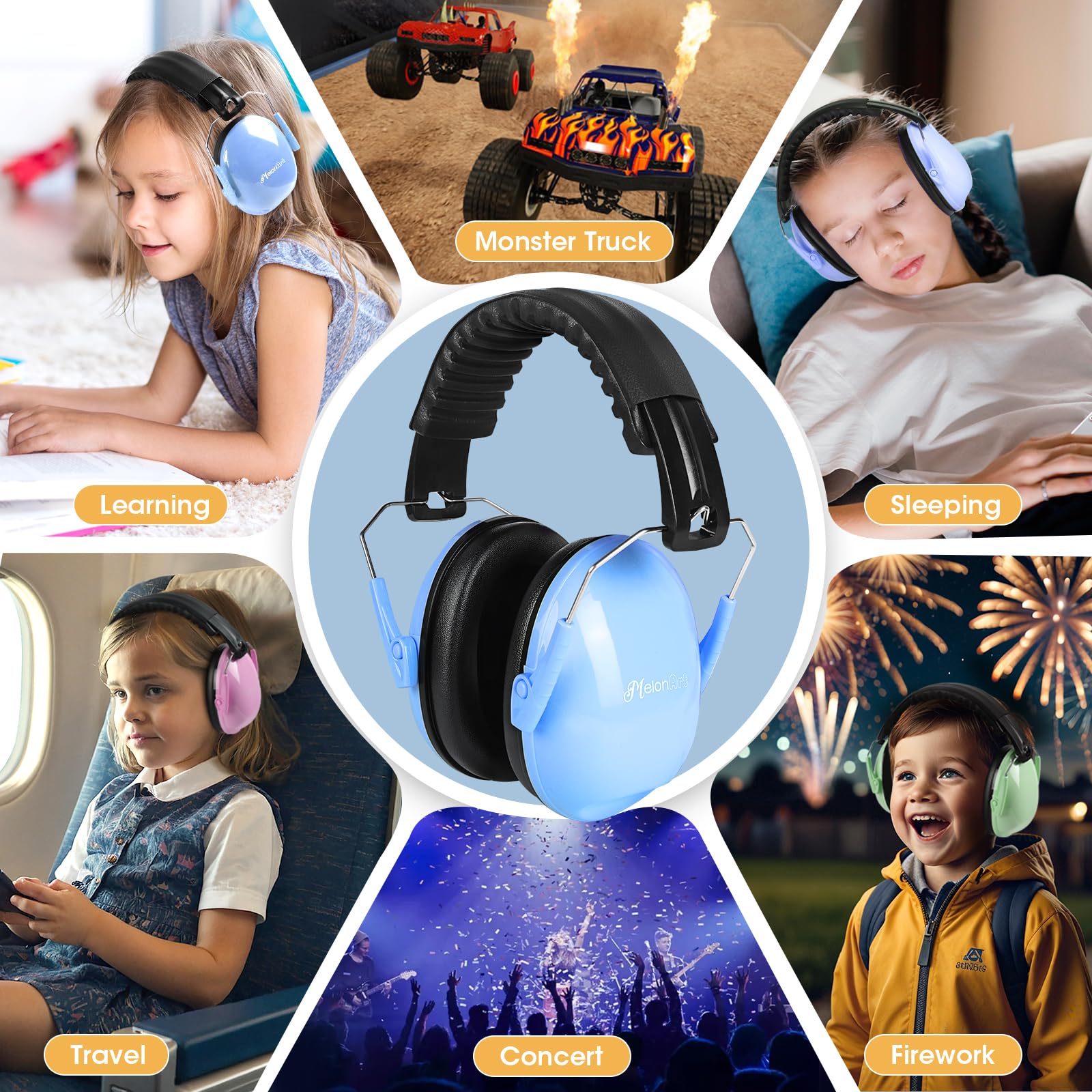 MelonArt kids wearing headphones at concerts or airports for focus.