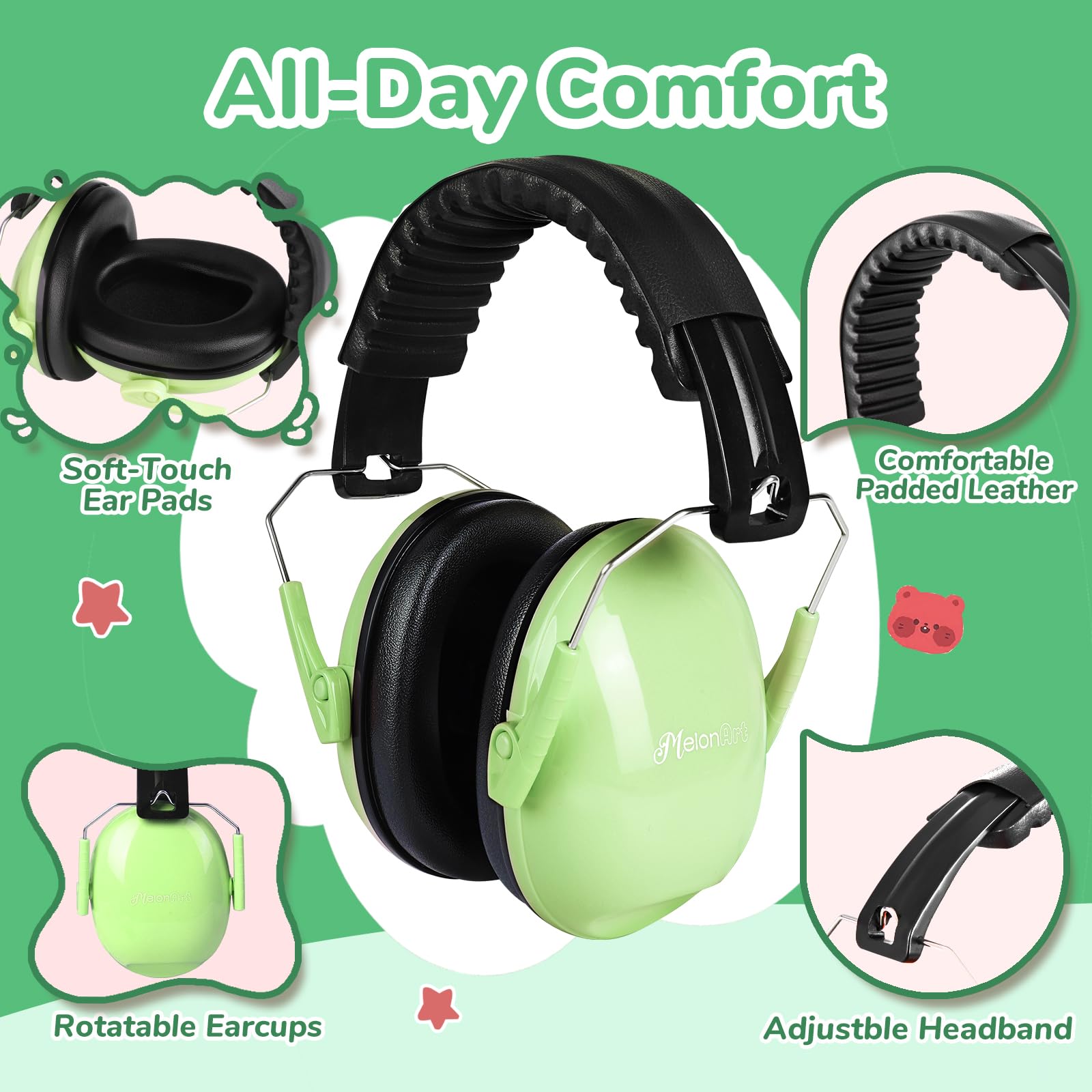 MelonArt lightweight 190g design keeps little ears protected without fatigue.