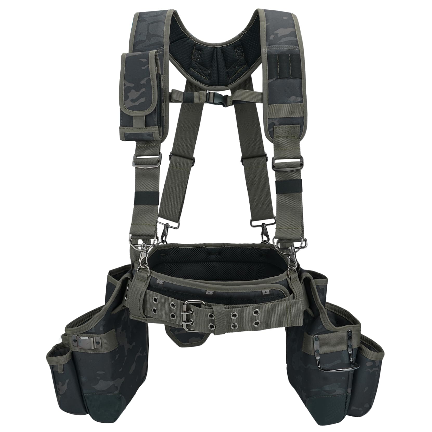MELOTOUGH camo tool belt front view with accessible pockets for quick gear access