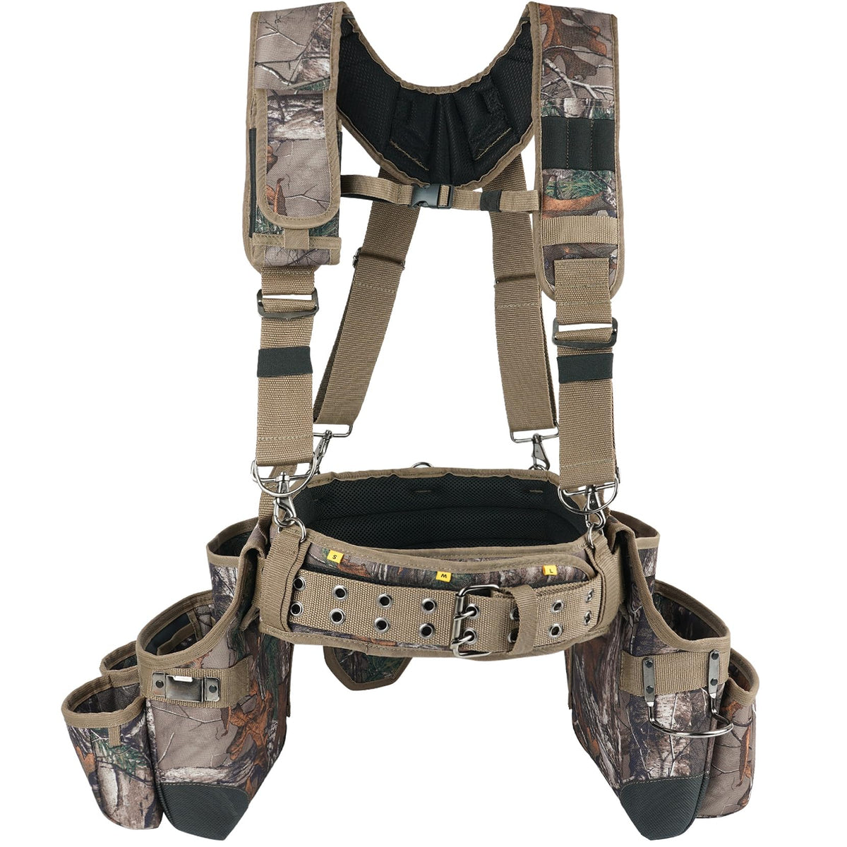MELOTOUGH camo tool belt front view shows organized carry system for quick access.