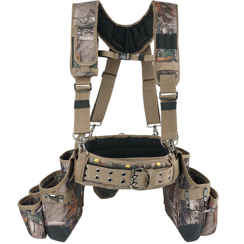 MELOTOUGH camo tool belt front view shows organized carry system for quick access.