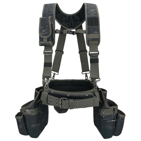MELOTOUGH camo tool belt front view with accessible pockets for quick gear access