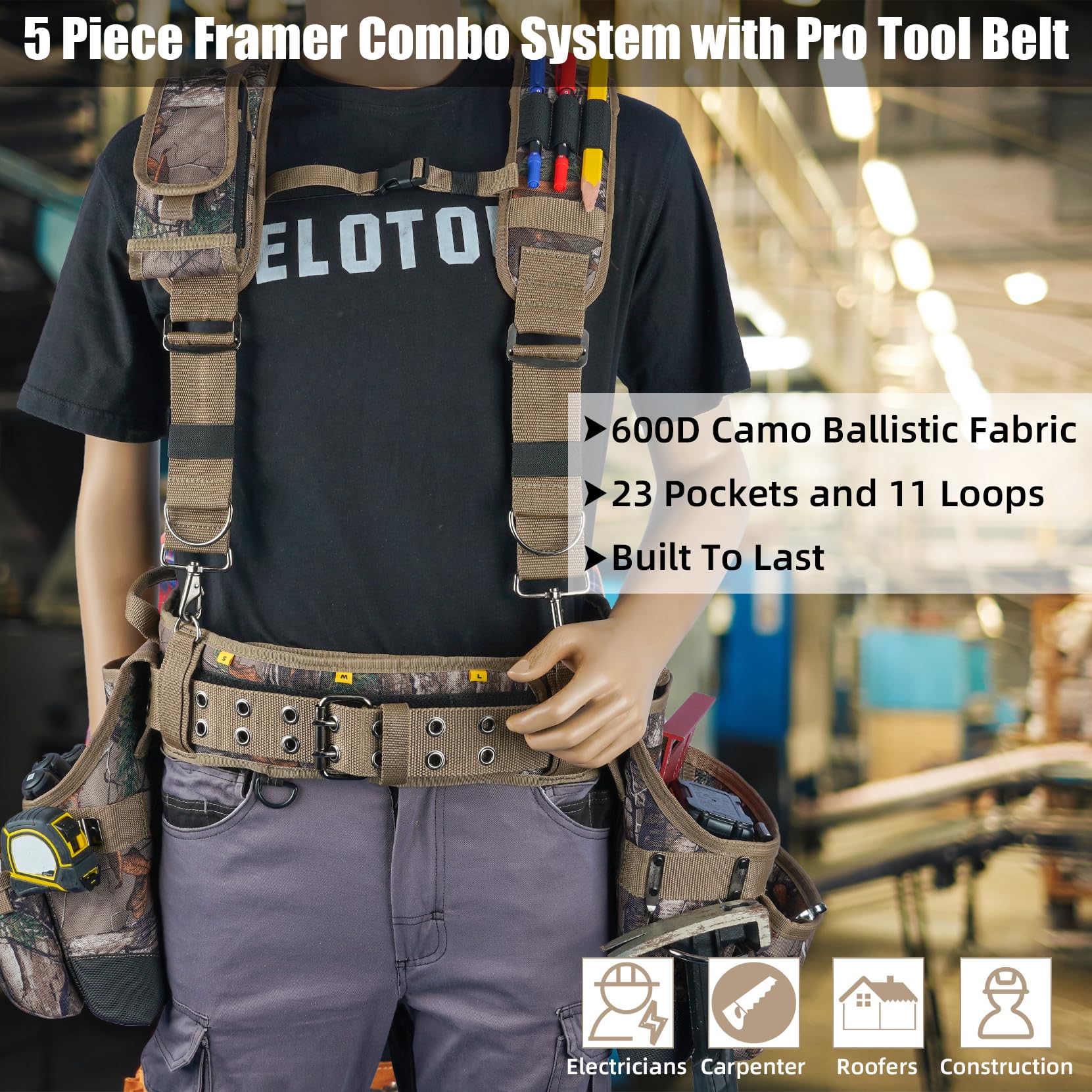 MELOTOUGH camo tool belt hammer holder keeps hammer within reach.