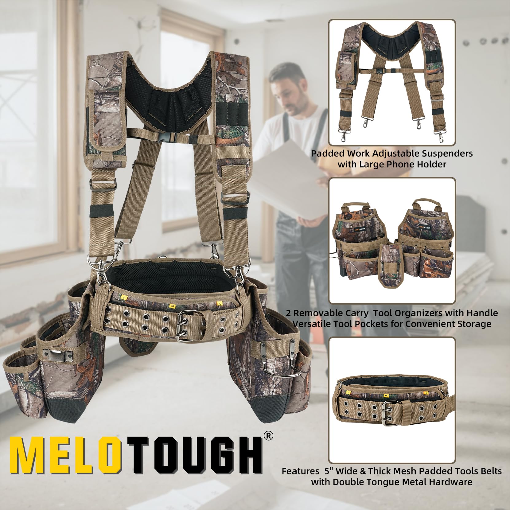 MELOTOUGH camo tool belt phone holder secures phone for hands-free work.