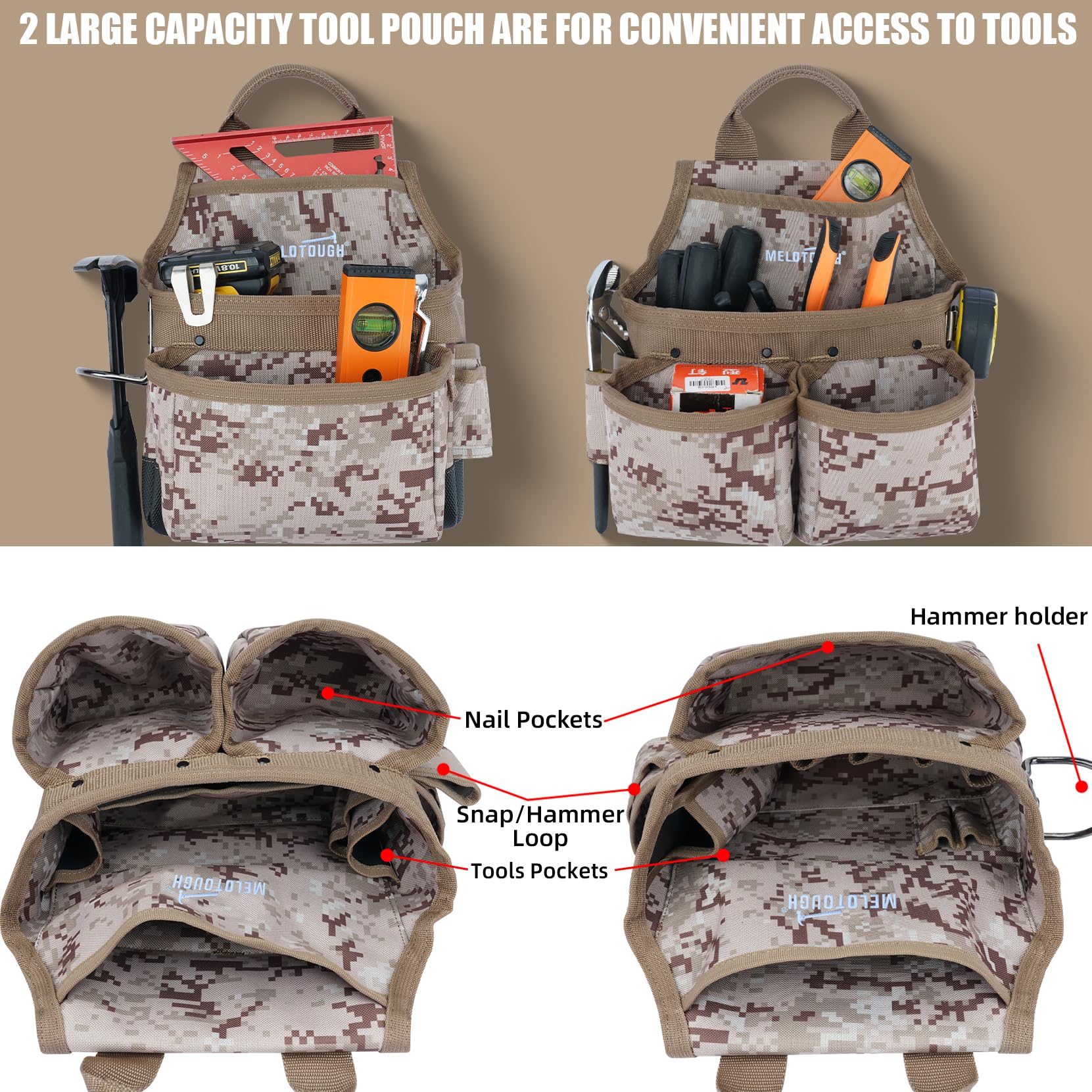 MELOTOUGH camo tool belt with two removable organizers enables quick tool access
