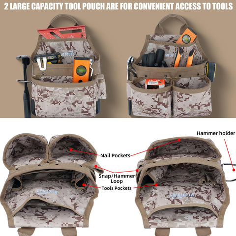 MELOTOUGH camo tool belt with two removable organizers enables quick tool access