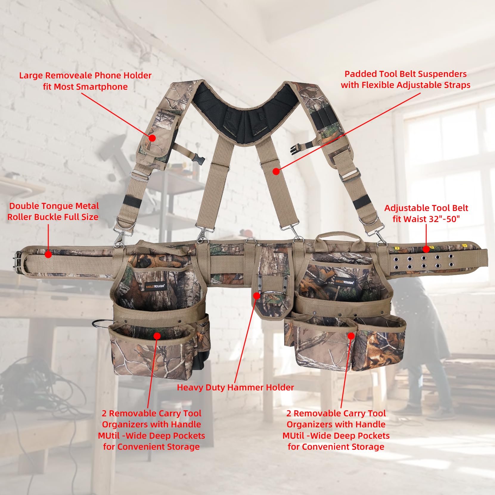 MELOTOUGH camo tool belt strap adjustment for comfortable fit on varied sizes.