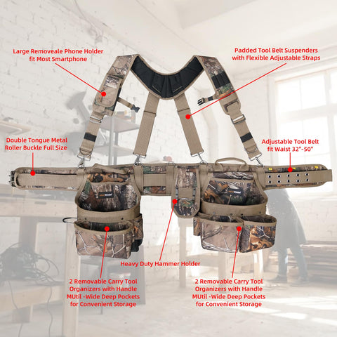 MELOTOUGH camo tool belt strap adjustment for comfortable fit on varied sizes.